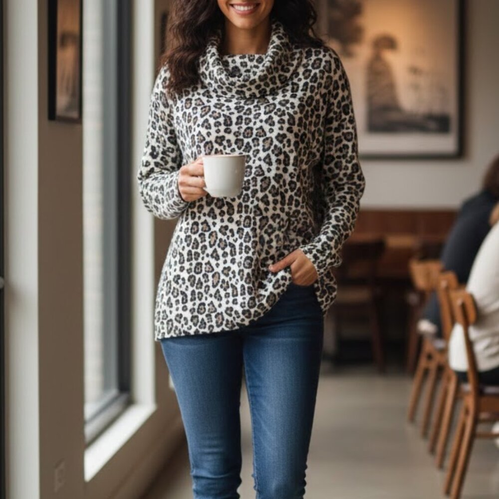 Jeanne Pierre leopard print cashmere long sleeve turtleneck sweater, sz L